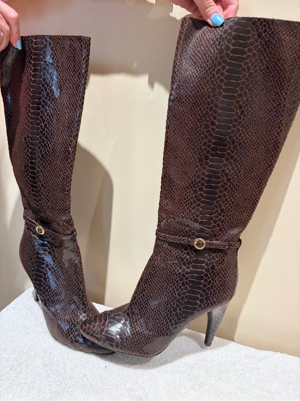 Sam Edelman Dark Brown Snake-Print Knee Boots